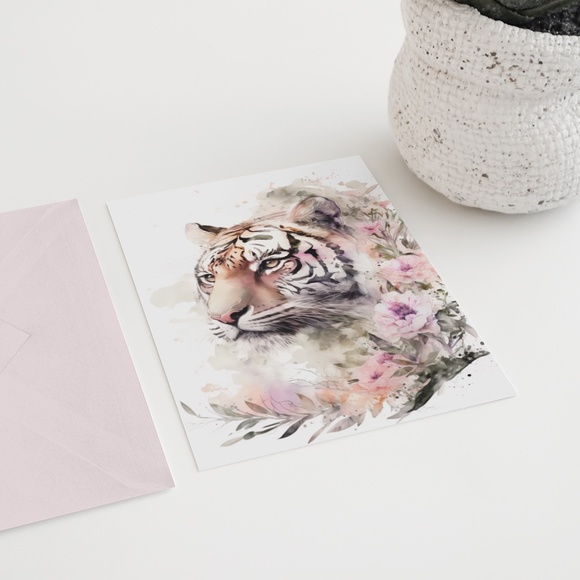 Floral Tiger Watercolor Wall Art Illustration Print Poster Card Unframed - Picture 6 of 6